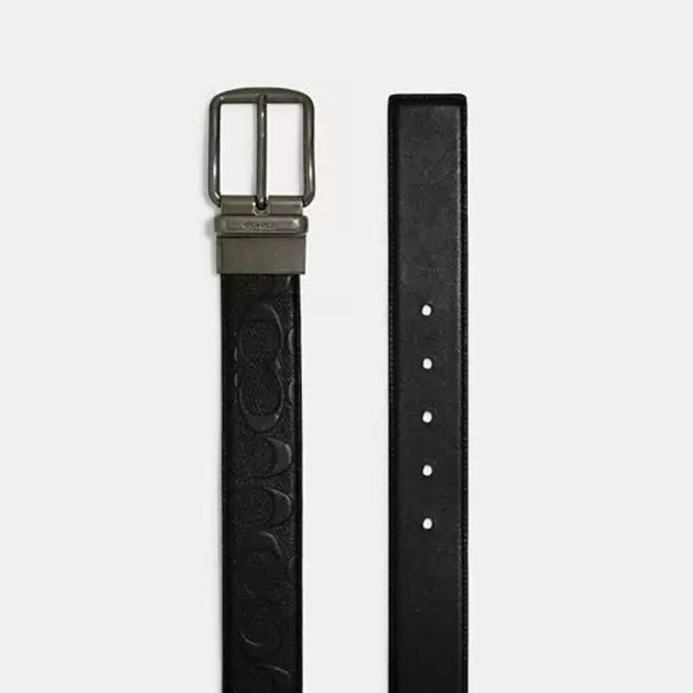 COACH HARNESS REVERSIBLE LEATHER BELT LOGO SMOOTH CALF LEATHER BLACK 1.5 IN WIDE - Picture 3 of 12